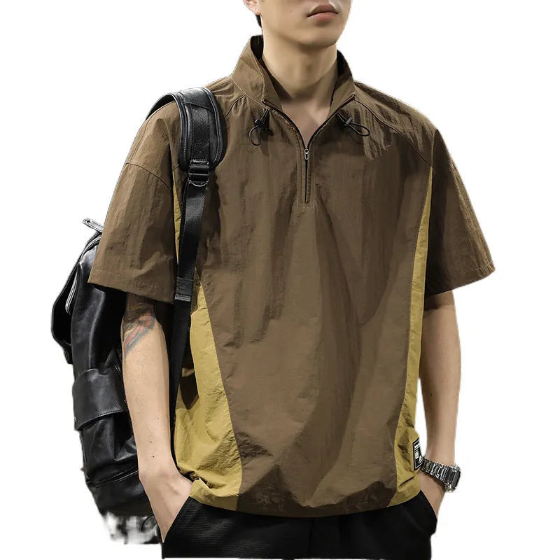 Brown men's half-zip stand collar short-sleeved shirt on a hanger