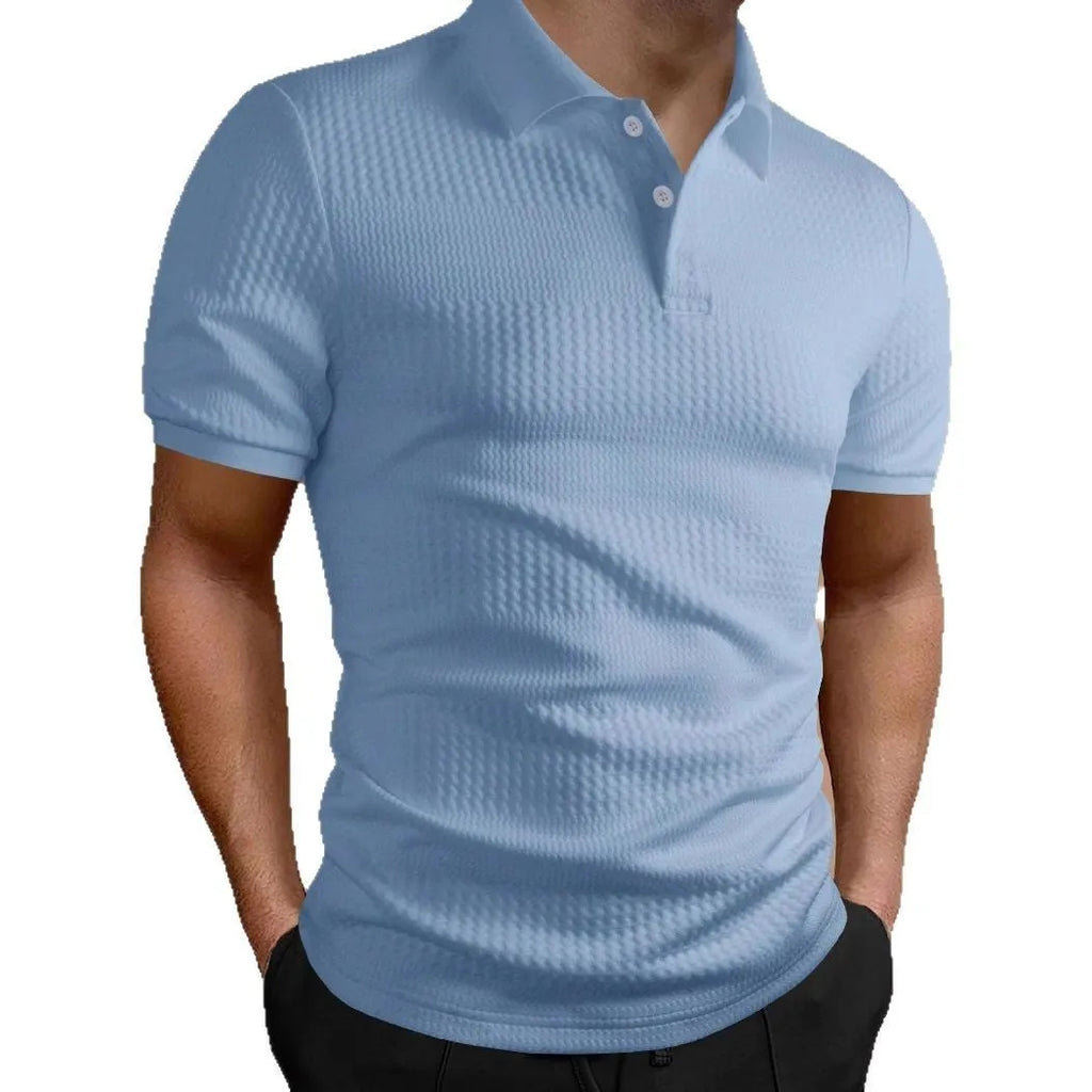 Men's striped polo shirt in loose fit with short sleeves showing asymmetric design detail