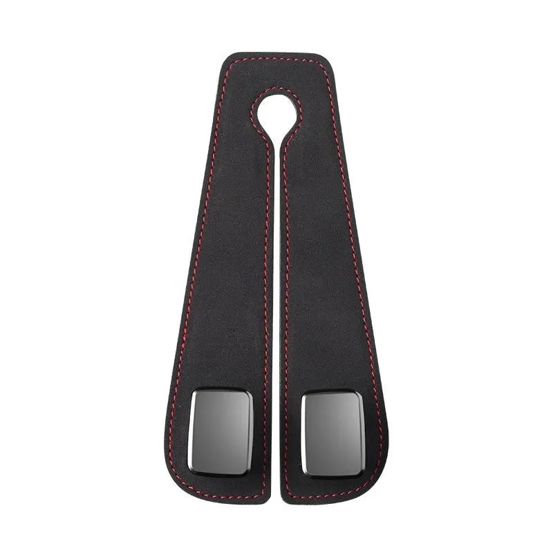 Car seat hook with flip-up mechanism in suede covering, shown in black colour