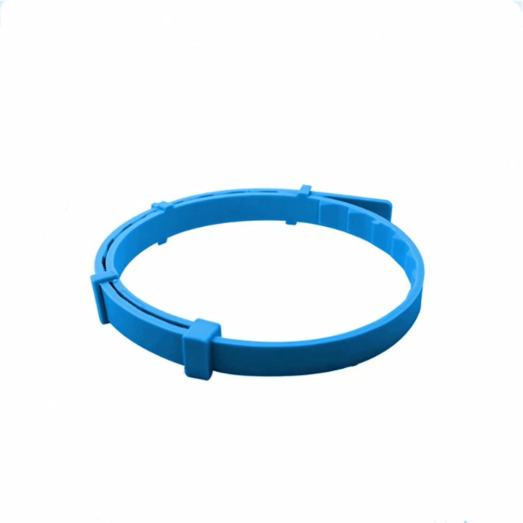 Rose Red plastic anti-flea pet collar for cats and dogs on a plain background