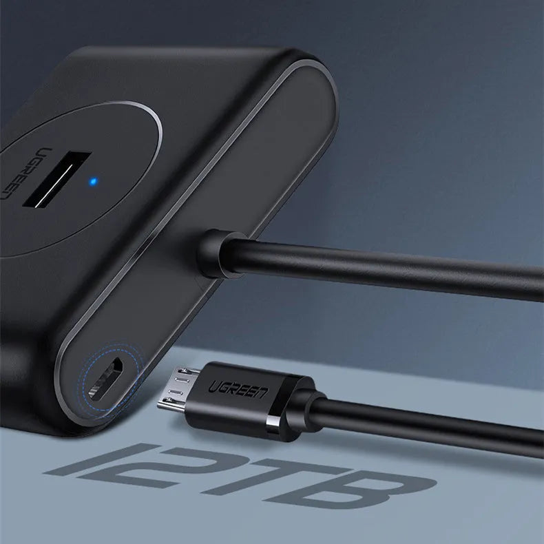 USB hub splitter 4-port ABS plastic Deep Black with indicator lights and Micro USB power port