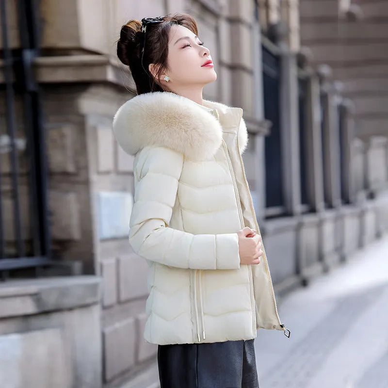 Women's removable cap thick padded jacket with fur collar in khaki colour front view