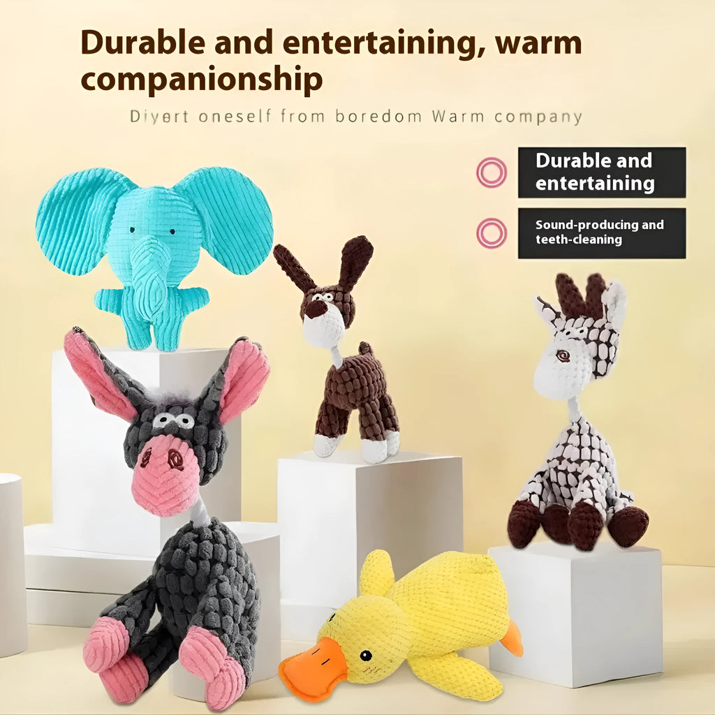 Bite-resistant plush puppy toy in donkey, rechargeable duck, and elephant styles on a neutral background.