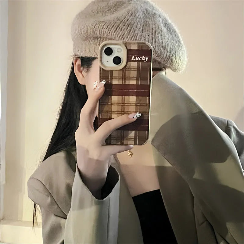 Silicone anti-fall phone case with embossed light coffee plaid lucky letter design for iPhone 13 Pro