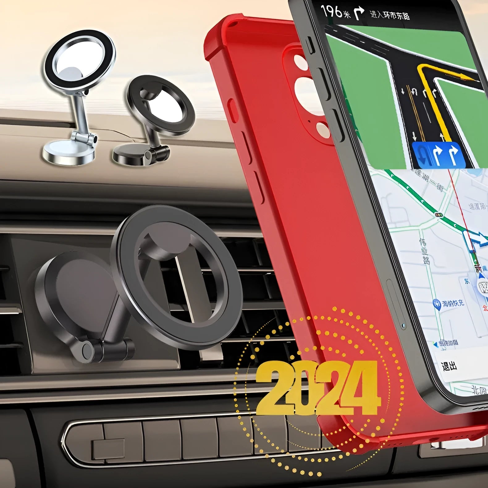 All-metal magnetic car phone mount with foldable design on dashboard holding mobile phone