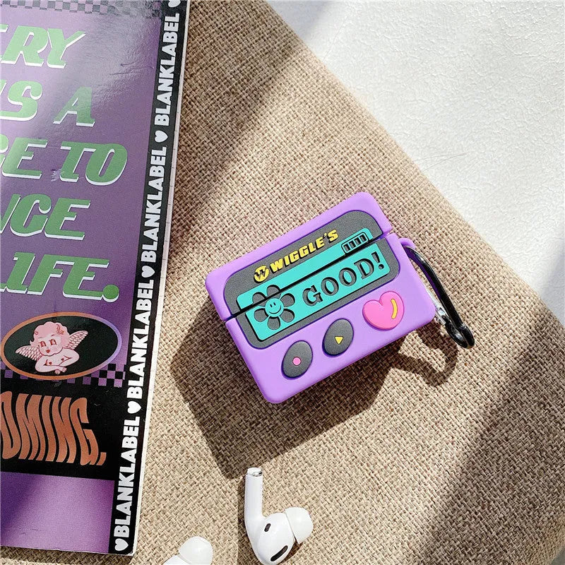 Retro purple BB machine cartoon silicone back cover for AirPods 1, 2, and Pro 3 with hook