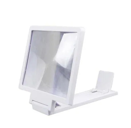 Black adjustable mobile phone stand with magnification lens holding smartphone