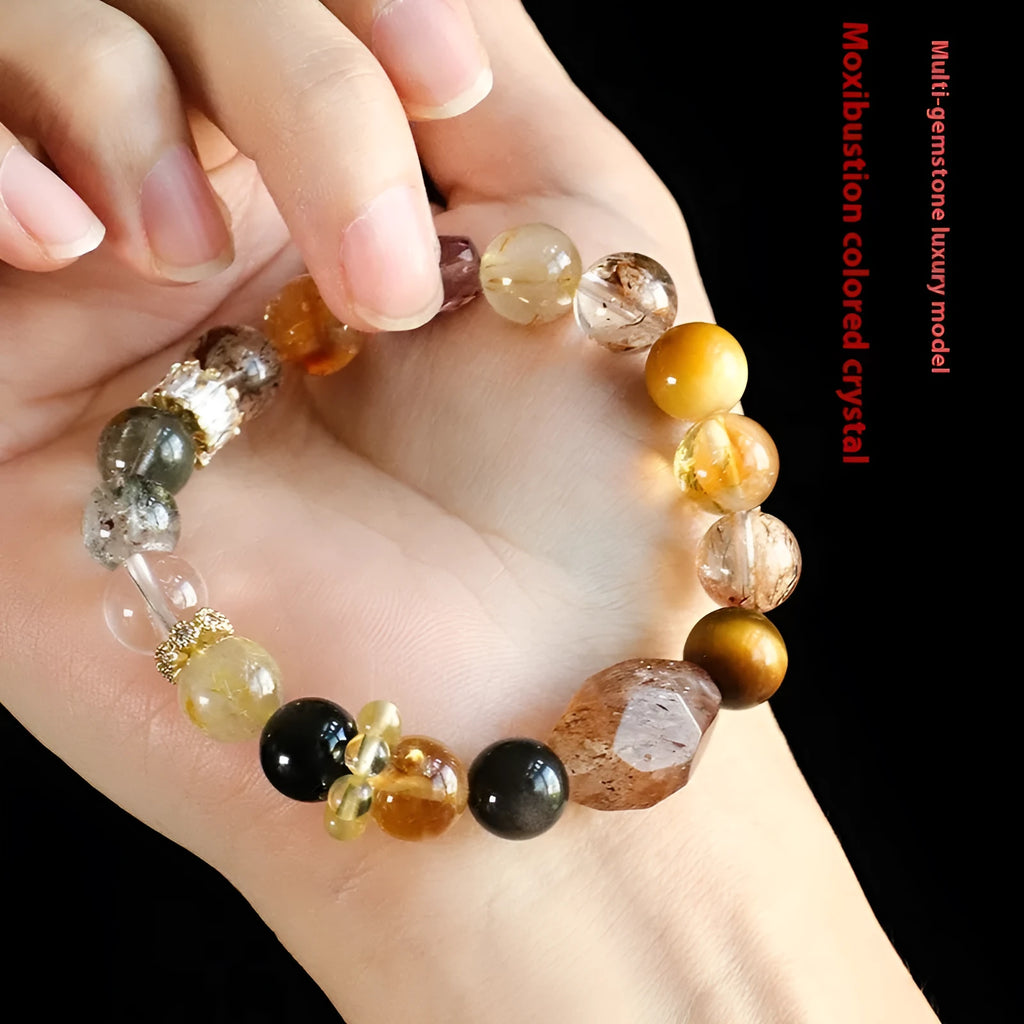 Women's natural crystal bracelet with string bead design in black and gold Duobao style
