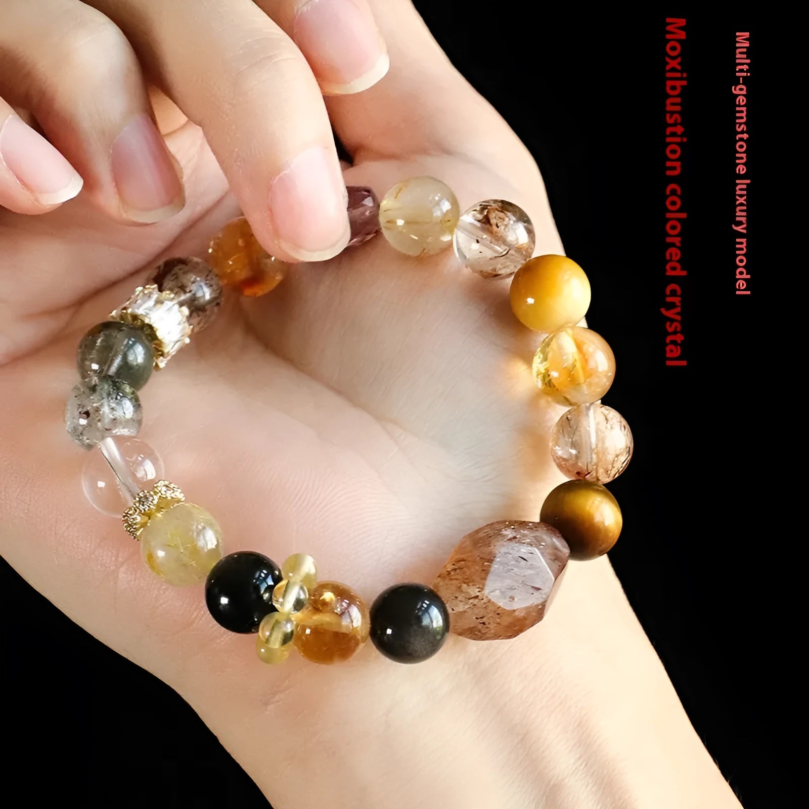 Women's natural crystal bracelet with string bead design in black and gold Duobao style