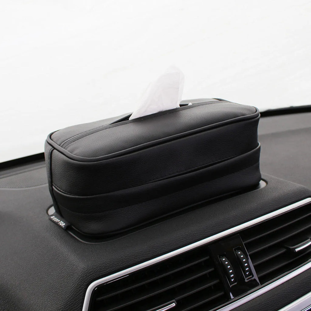 Black and beige PU leather hanging storage box for car, home and outdoor use.
