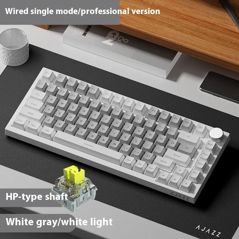 Wireless mechanical keyboard with side-carved PBT keycaps in blue white purple colour, three-mode connectivity, 327x136x40mm