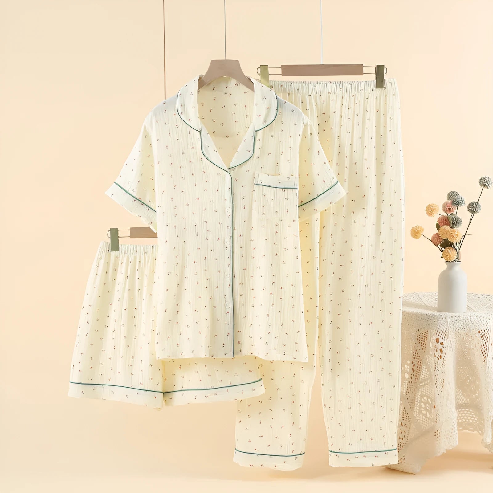 Garden gold three-piece cotton pajama set with lapel collar and three-quarter sleeves