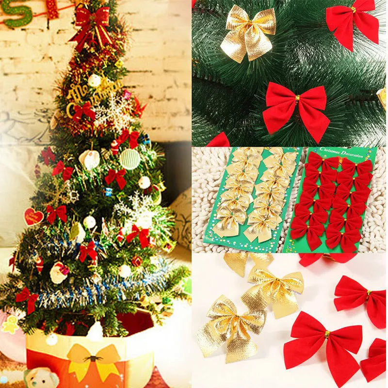 5 cm gold, red, red-gold, and silver polyester Christmas tree bow decoration with ribbon.