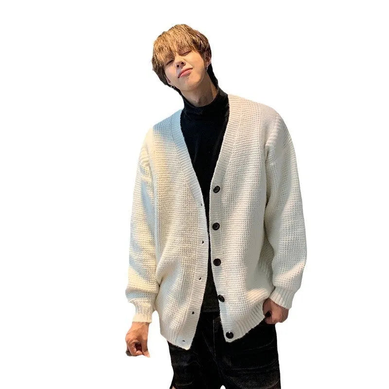 Men's loose fit V-neck knitted cardigan sweater in army green cotton blend fabric