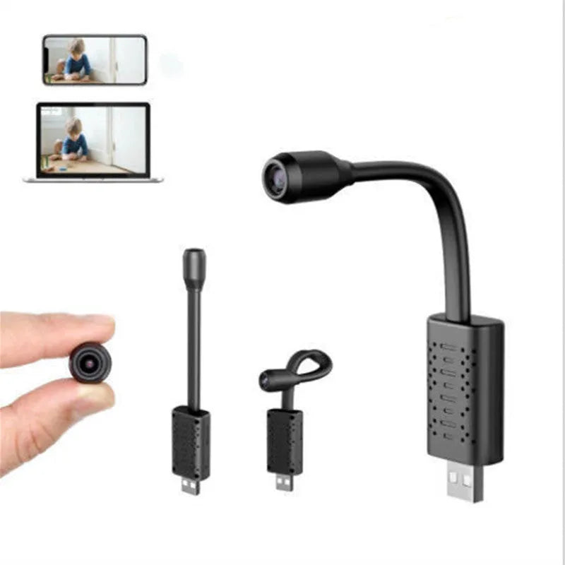 Black V380 wireless USB HD camera showing compact dimensions.