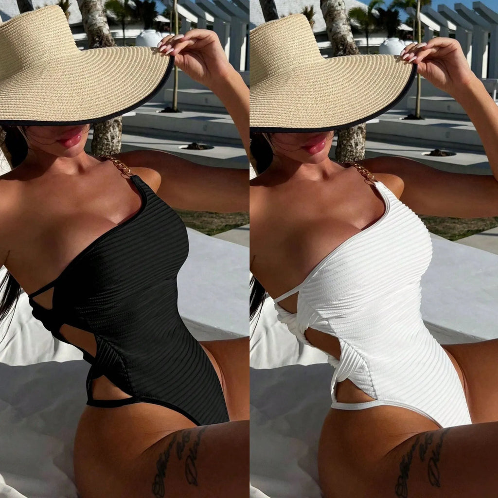 Women's solid colour one-piece swimsuit in beige or black polyester for swimming and wading
