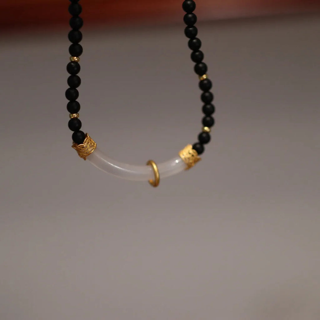 Natural frosted black agate and white chalcedony necklace with 925 silver U-shaped pendant