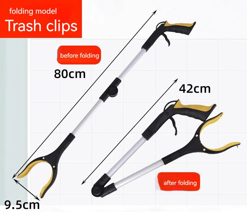 Silver foldable aluminium garbage clamp with blue handle extended to 80cm, showing magnet tip.