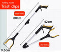 Silver foldable aluminium garbage clamp with blue handle extended to 80cm, showing magnet tip.