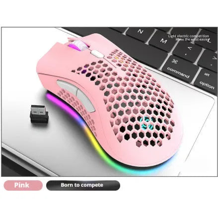 Hollow out design wireless mouse with luminous charging feature in cyan colour showing compact dimensions