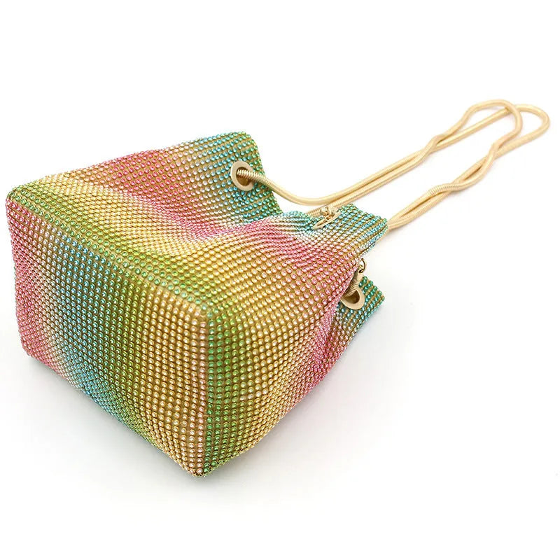 Rainbow glitter rhinestone soft bucket bag for evening parties and weddings.