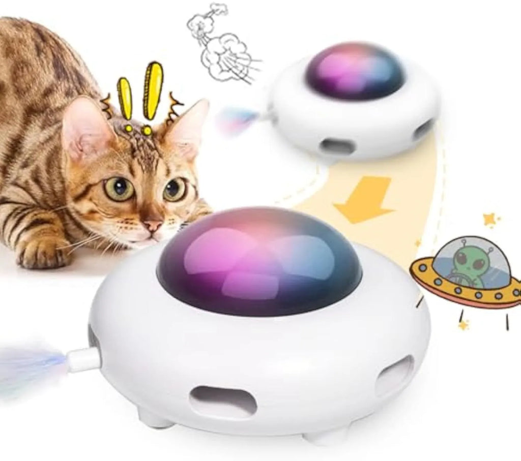 White automatic cat toy with colourful feathers and LED lights for indoor play