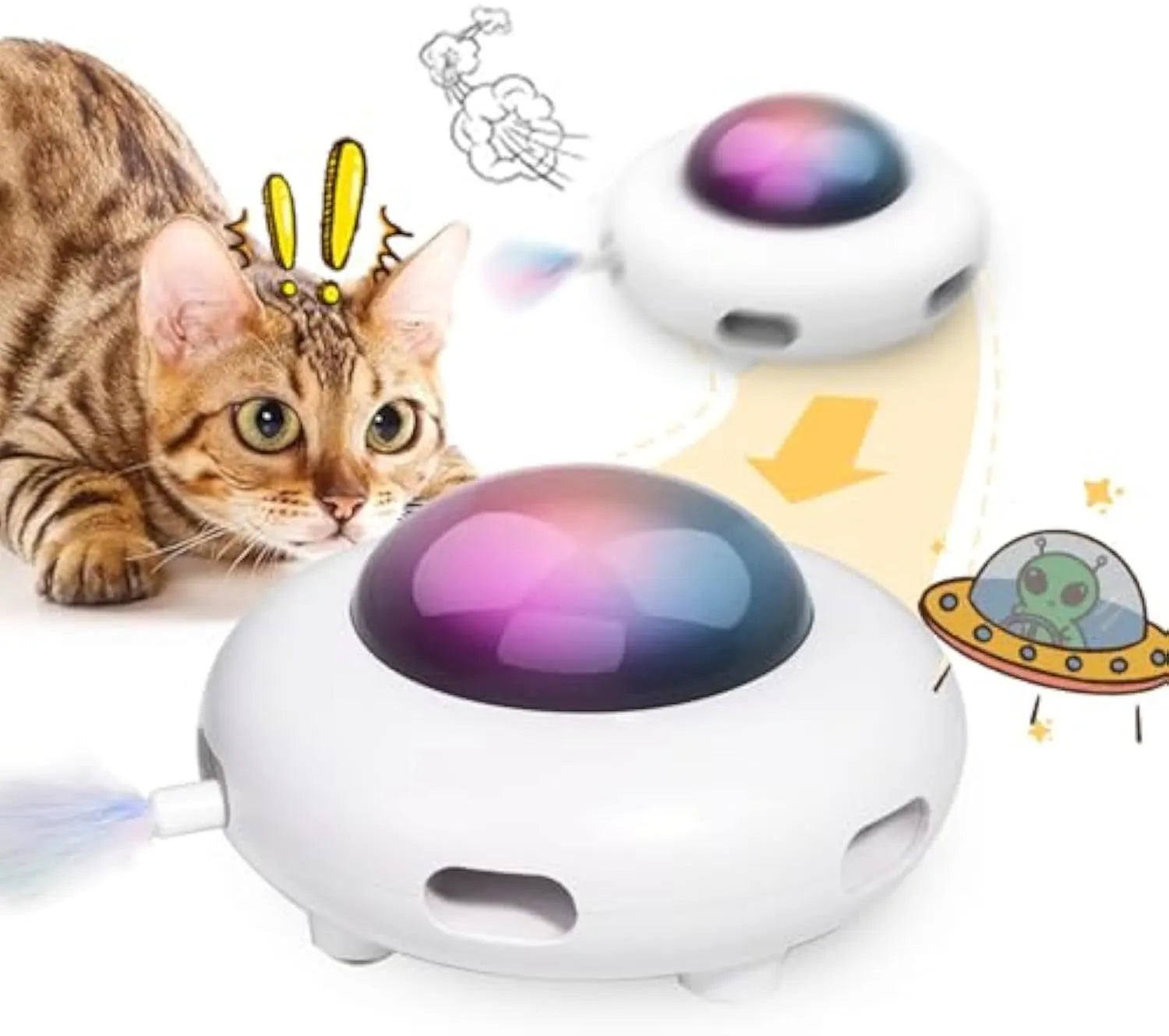 White automatic cat toy with colourful feathers and LED lights for indoor play