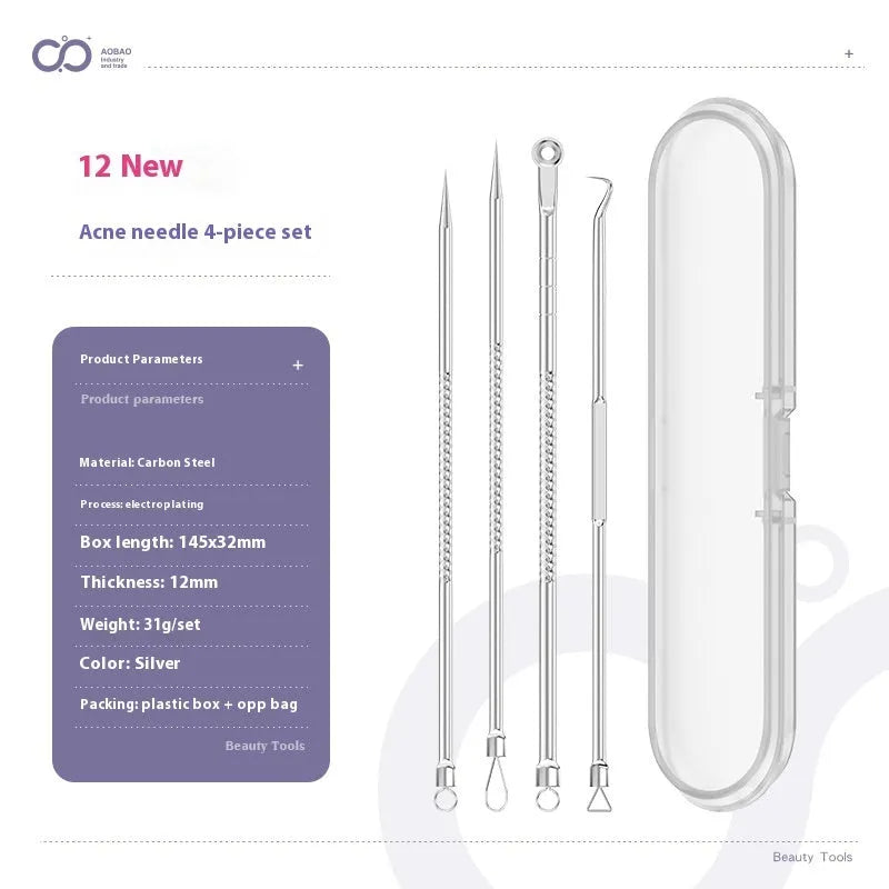 4-piece silver metal acne needle set with ultra-fine pointed tips for skin care