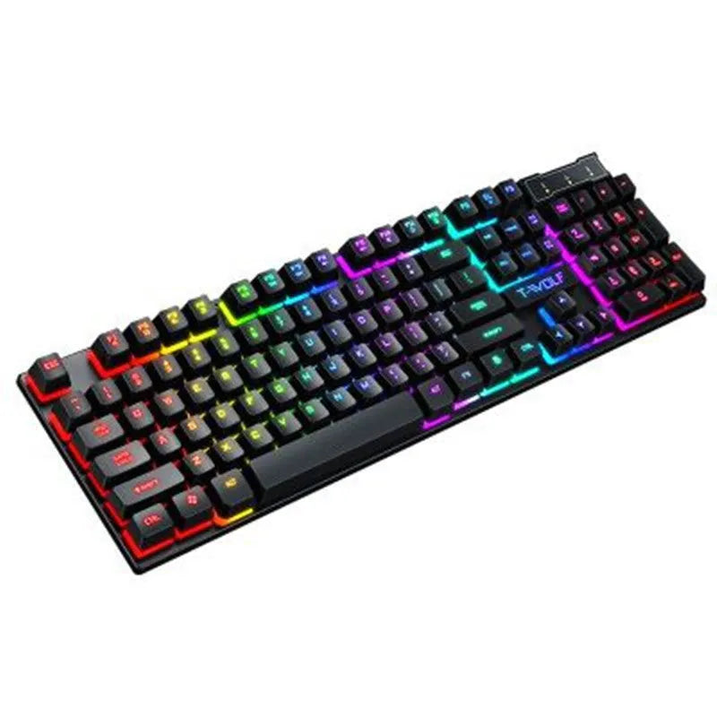 Gaming USB wired keyboard with floating keycaps and colourful backlight on a desk
