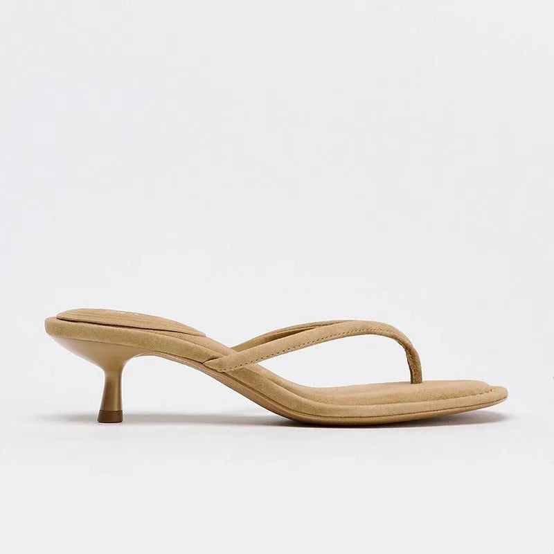 Round toe high heel flip-flops sandals in khaki colour with flip-toe opening and mid heel