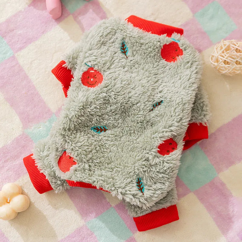 Brown fleece dog onesie with orange fruit embroidery on the back, four-legged design for small medium pets