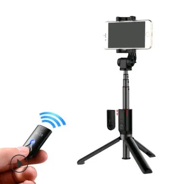 Aluminium alloy Bluetooth selfie stick with tripod and remote control for mobile phones.