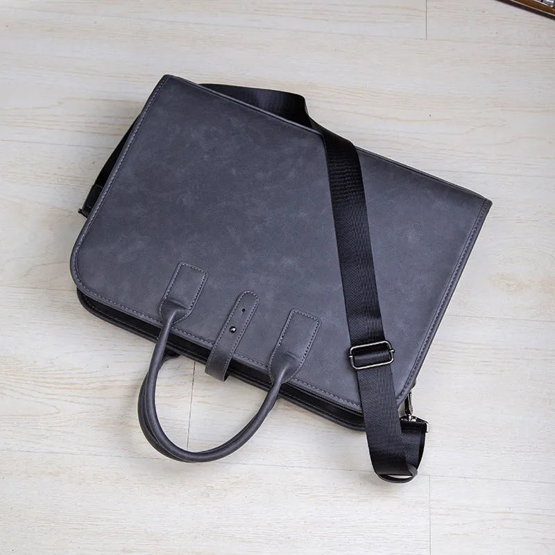 Men's dark gray waterproof PU business briefcase with rivet details, 41 cm wide, 30 cm high, 9 cm thick