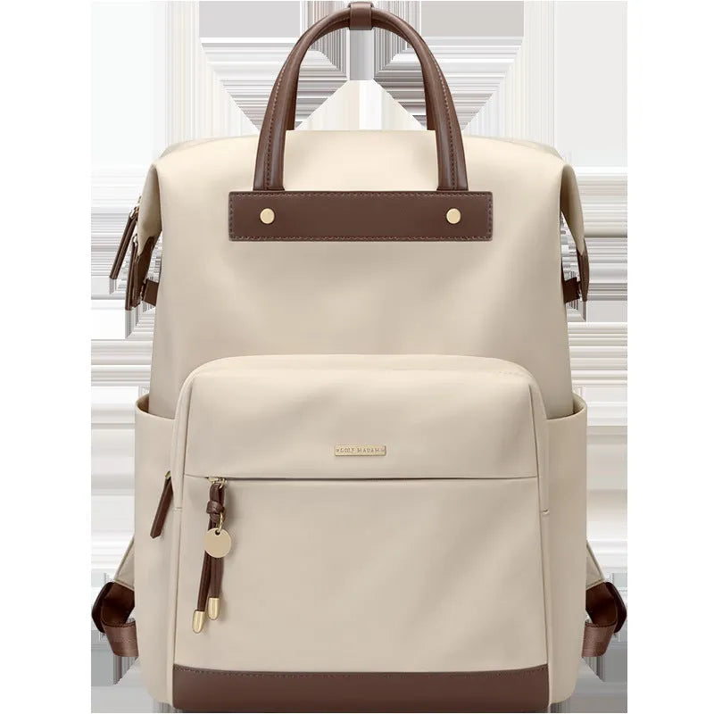 Women's large capacity backpack in apricot colour with adjustable shoulder straps