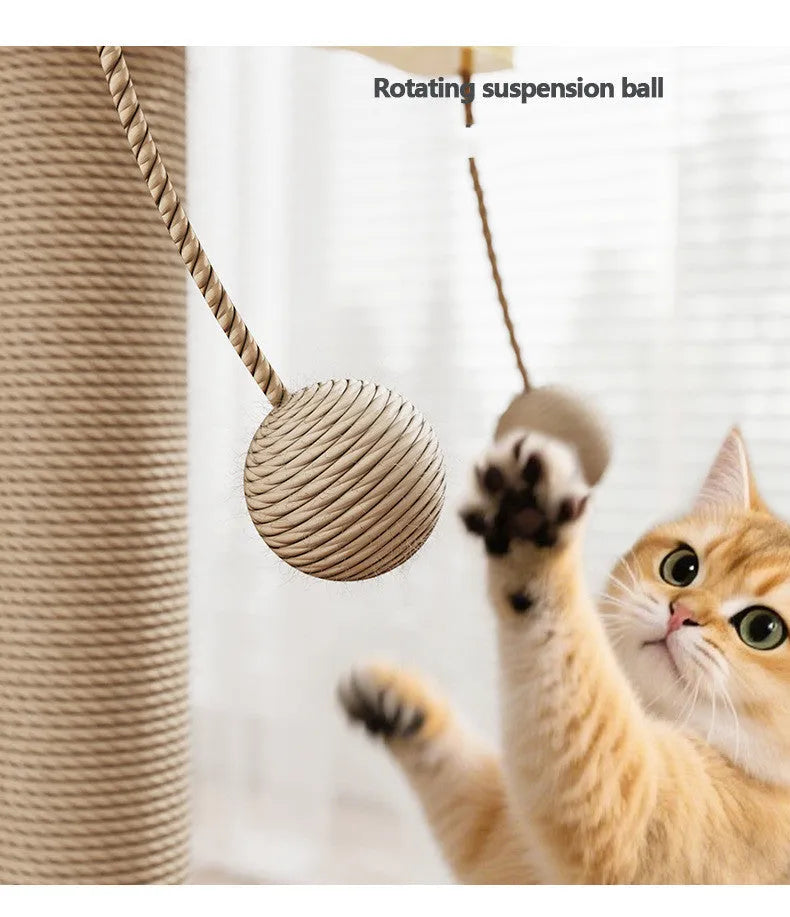 A simple-style cat climbing frame with a carpet leather cover and a windmill hanging ball.