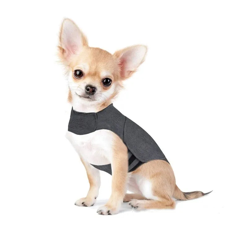 Heather Grey dog anxiety vest and warm jacket on a mannequin, showing the fit and knit fabric.