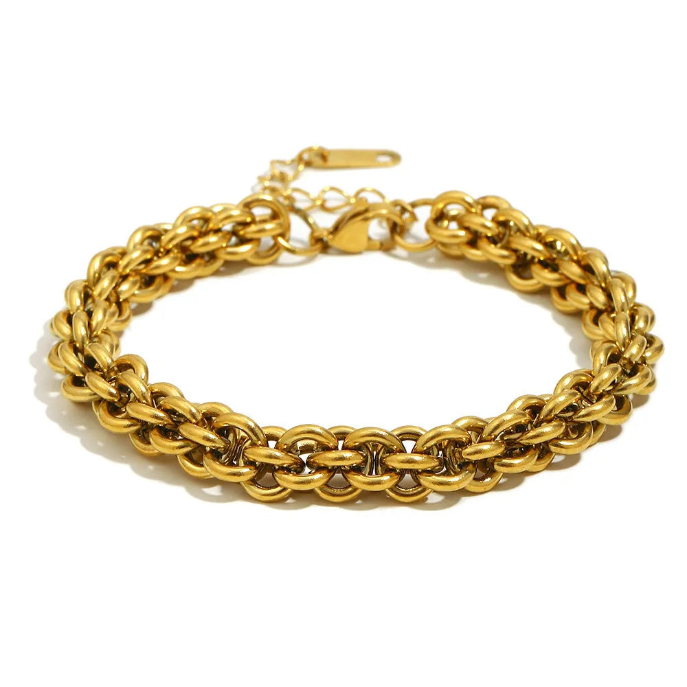 Gold stainless steel lantern chain bracelet for women with geometric ring design and electroplated finish