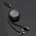 Telescopic three-in-one charging cable extended to show USB-C, Lightning and Micro-USB connectors