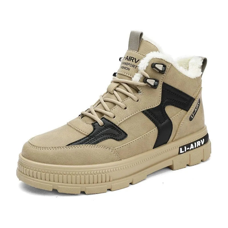 Men's winter ankle boots with thickened velvet lining, high top, lace-up front and EVA sole in Black