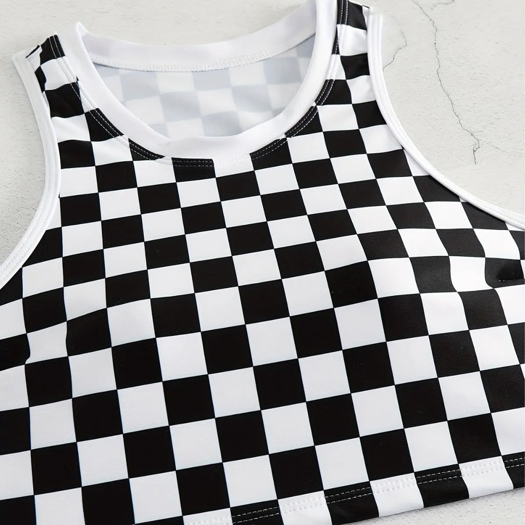 Women's checkerboard pattern racing one-piece swimsuit with backless design and suspender straps