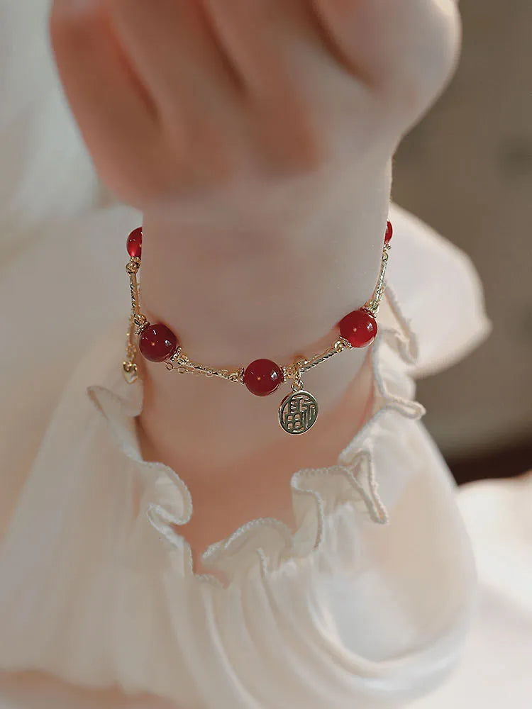 Red agate and alloy double-layer bracelet with horse blessing charm on adjustable band