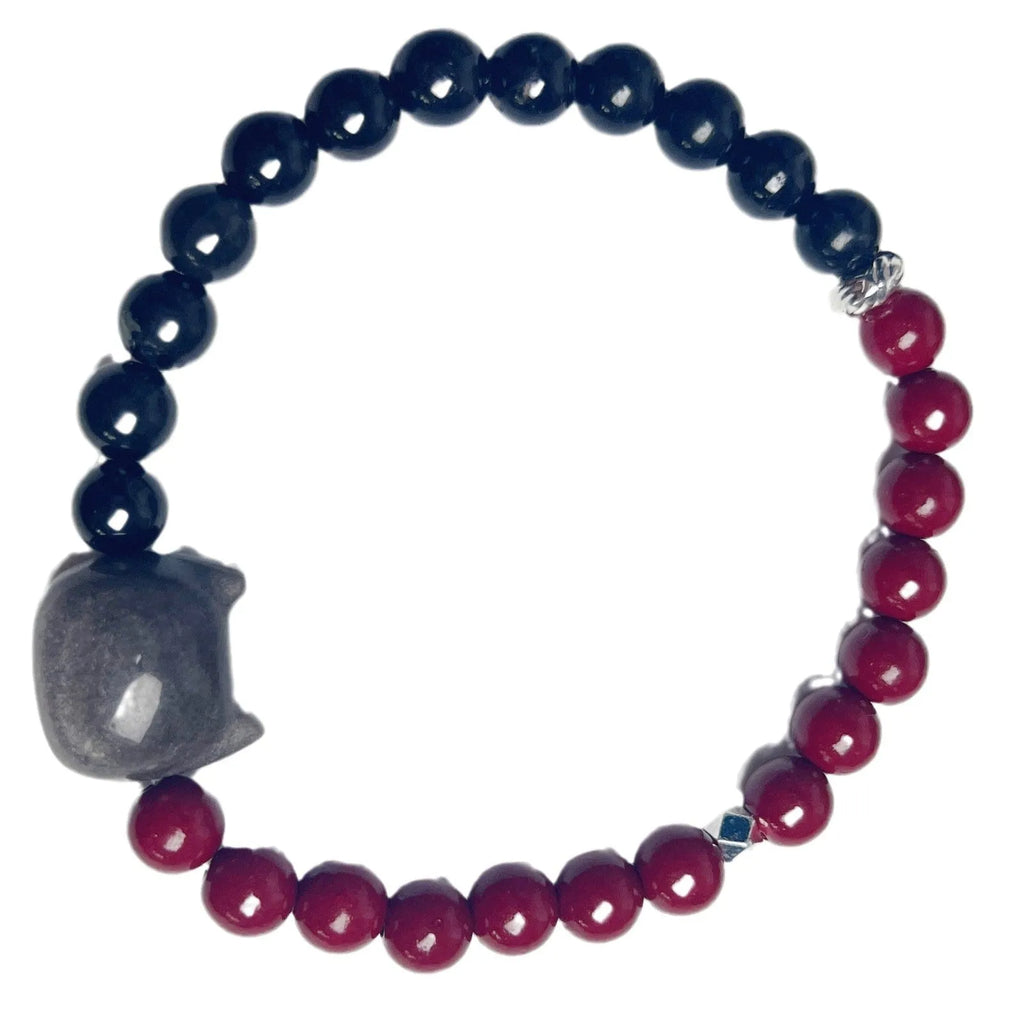 Handmade obsidian gemstone bracelet with cat charm on black elastic cord