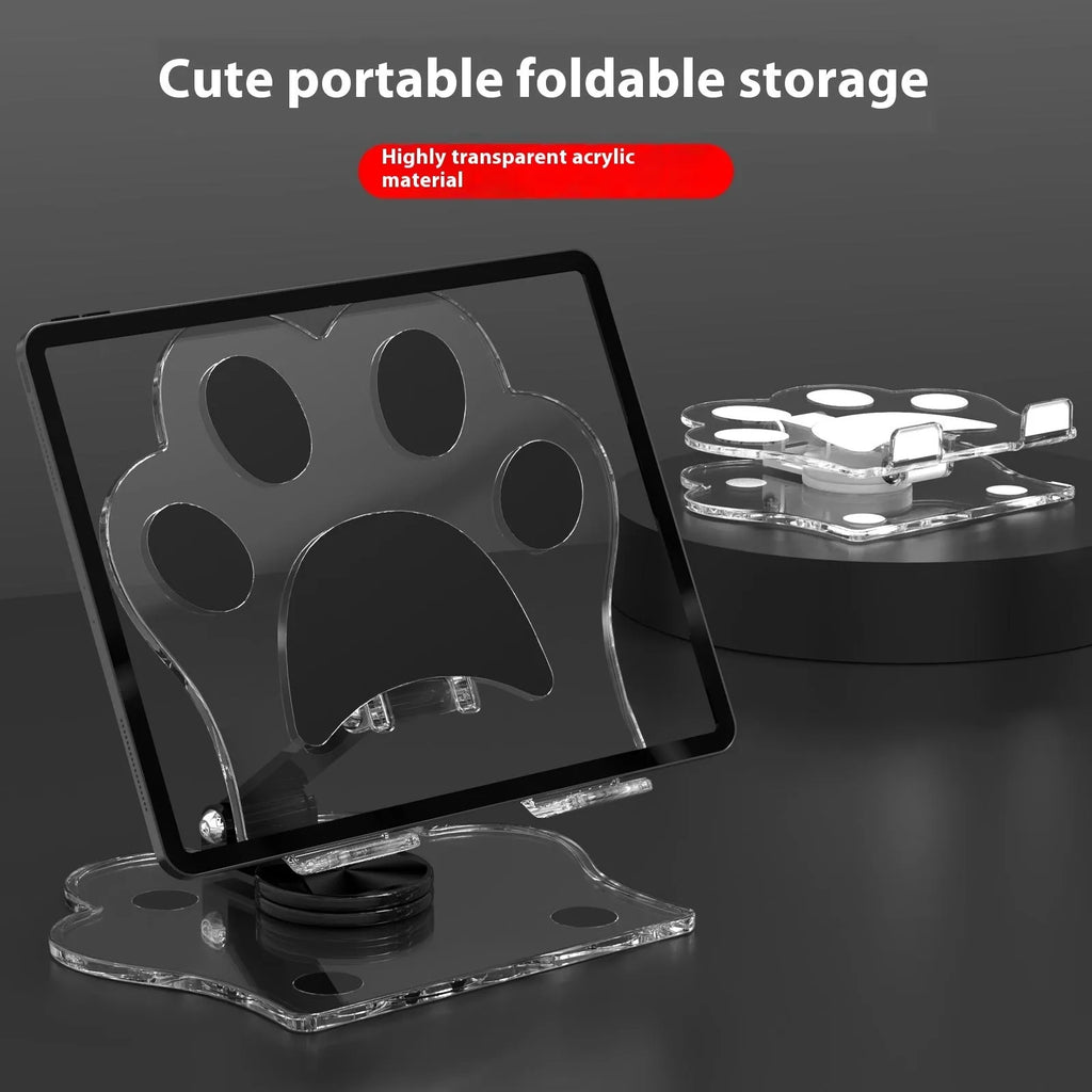 Acrylic rotating mobile phone stand in transparent acrylic with cartoon style, shown as a desktop phone holder in five colour options.