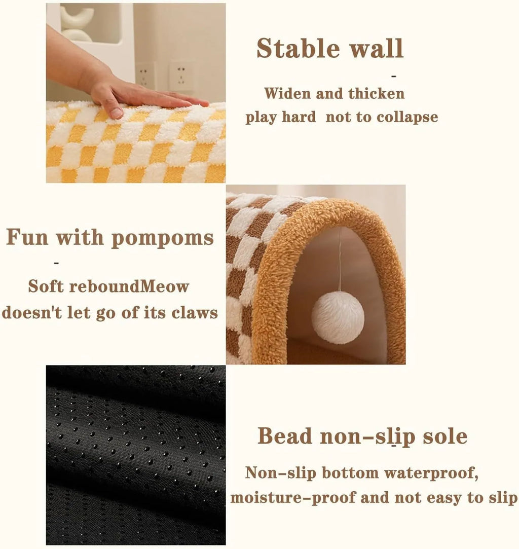 Brown plaid cat tunnel bed with central mat showing collapsible tunnel design