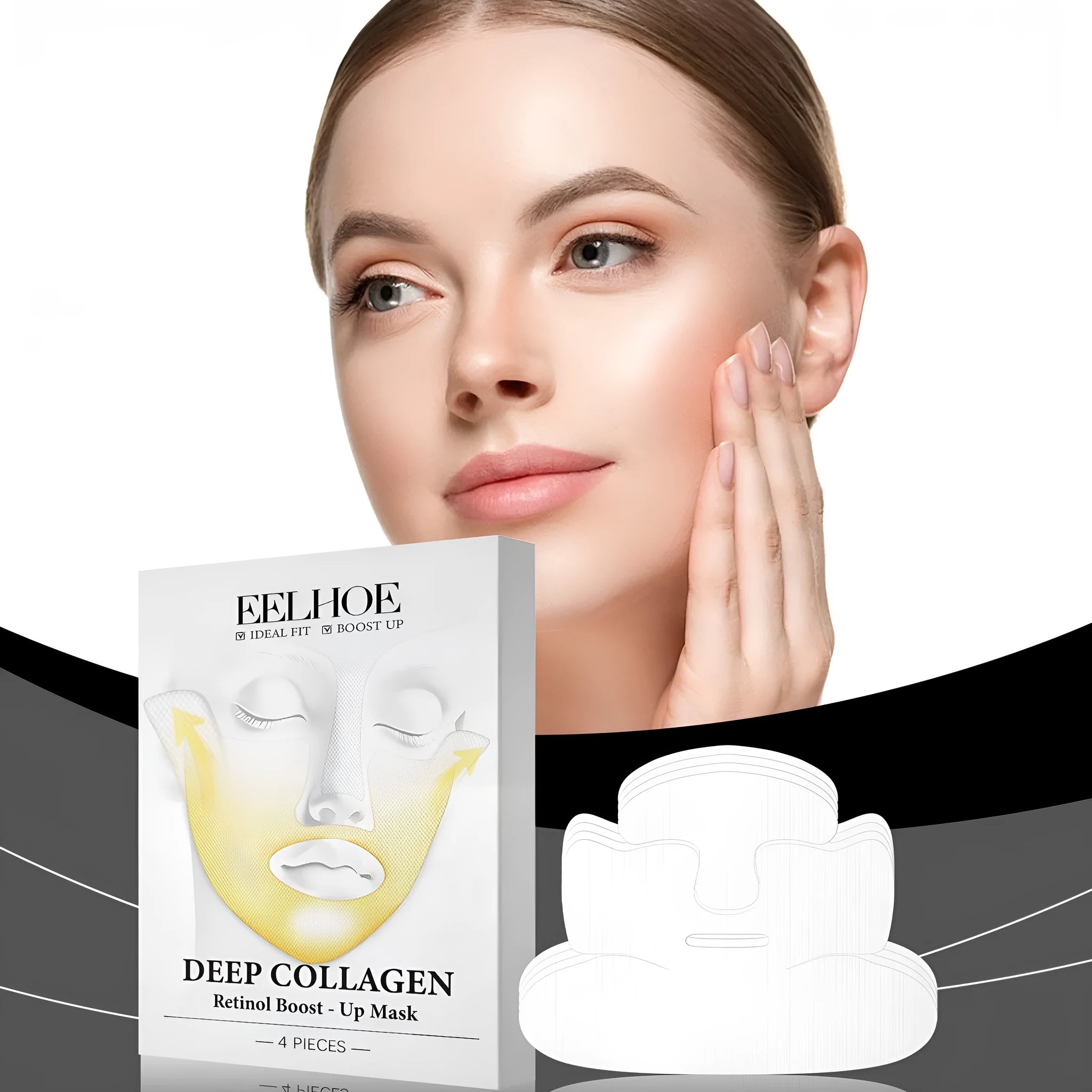 Four collagen tightening facial masks each measuring 23.5cm by 16.8cm for skincare