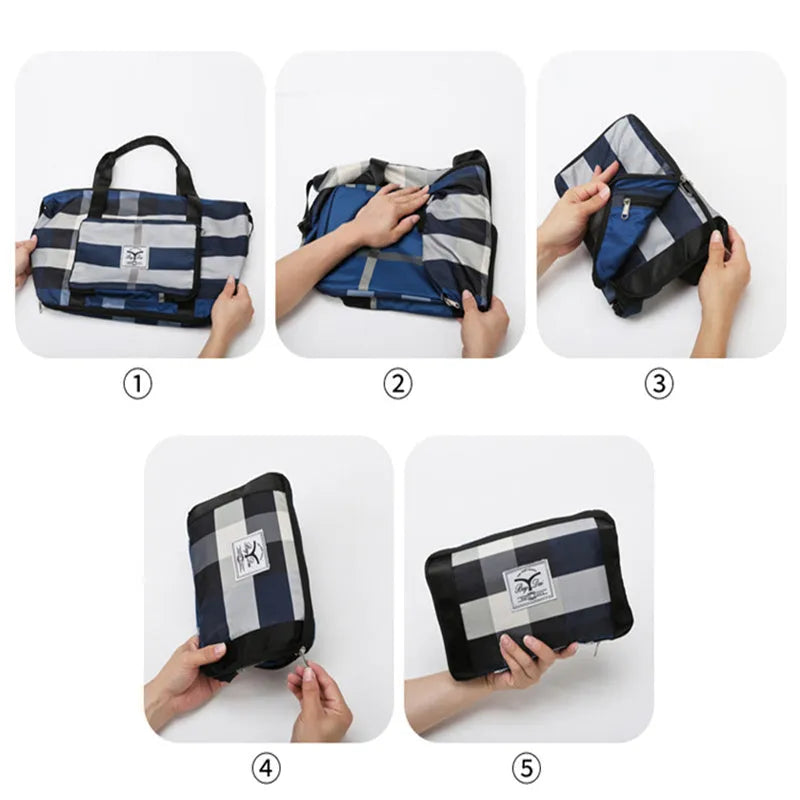 Foldable travel duffel bag in black Oxford cloth with dry wet separation and shoe compartment, 20-35L capacity.