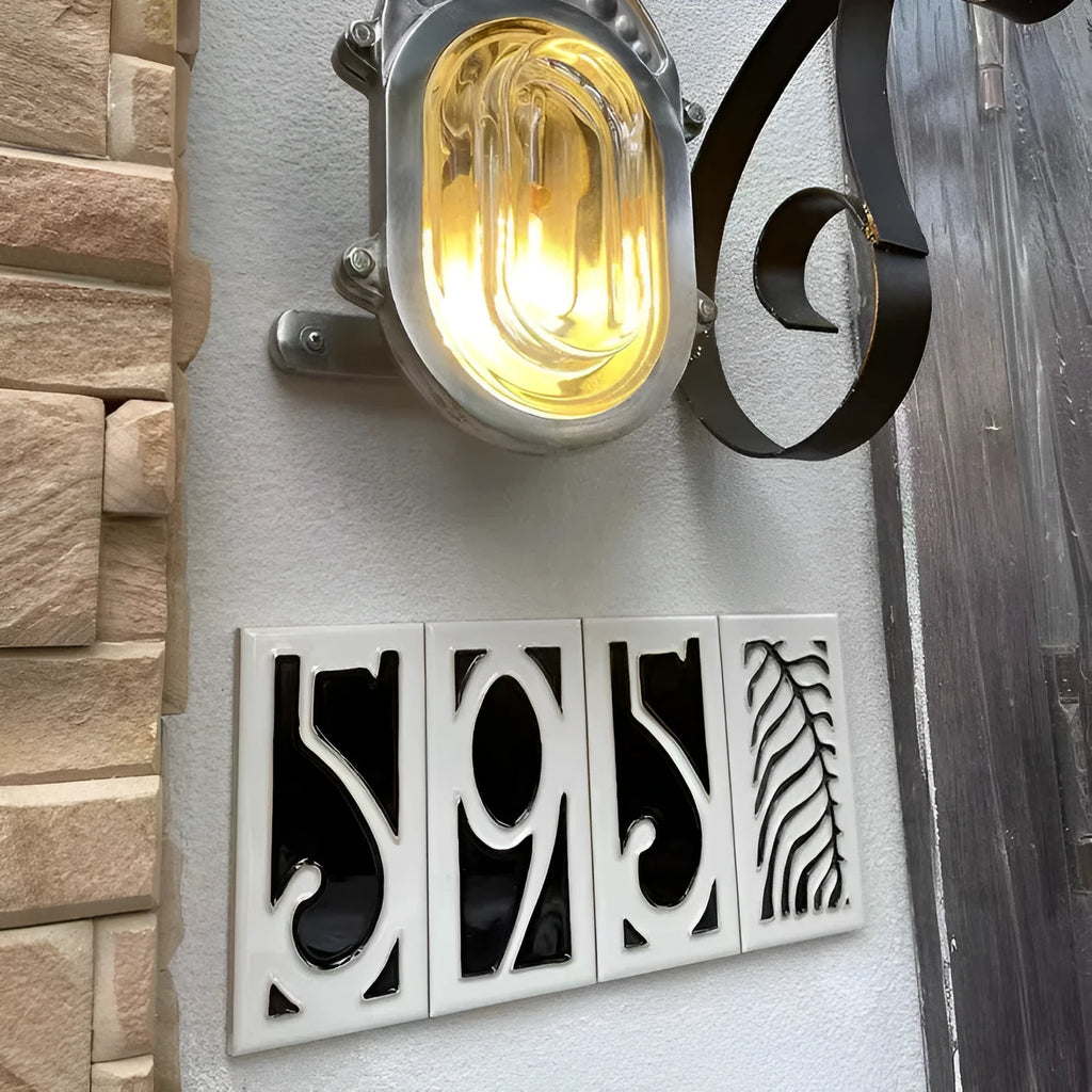 Handmade retro ceramic doorplate with enamel art number, measuring 76 by 152mm.