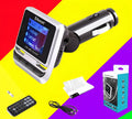 Silver car Bluetooth MP3 player with monochrome screen and FM transmitter for hands-free calling