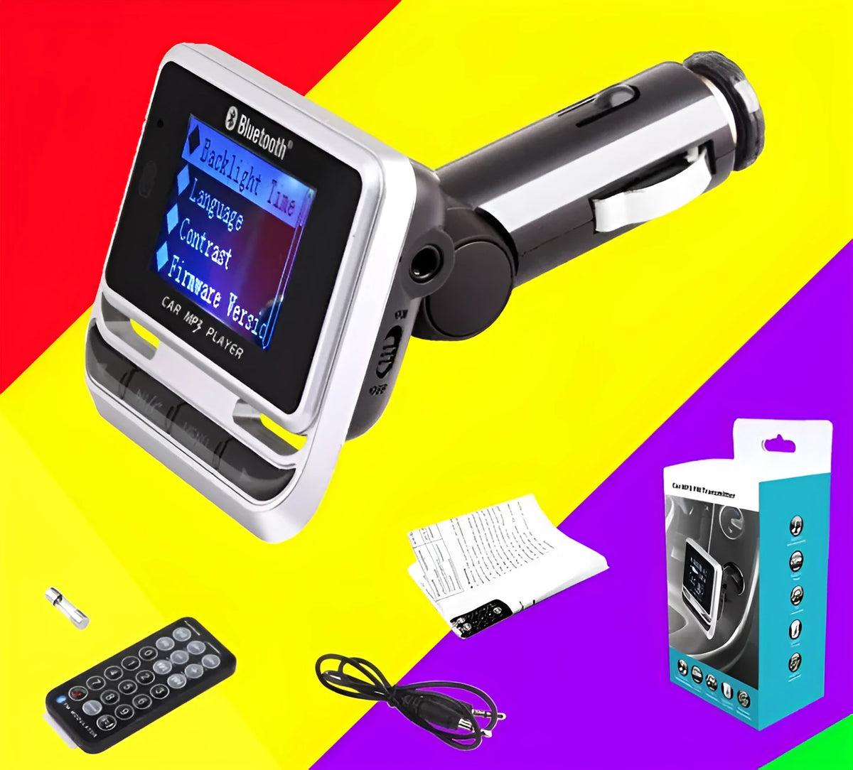 Silver car Bluetooth MP3 player with monochrome screen and FM transmitter for hands-free calling