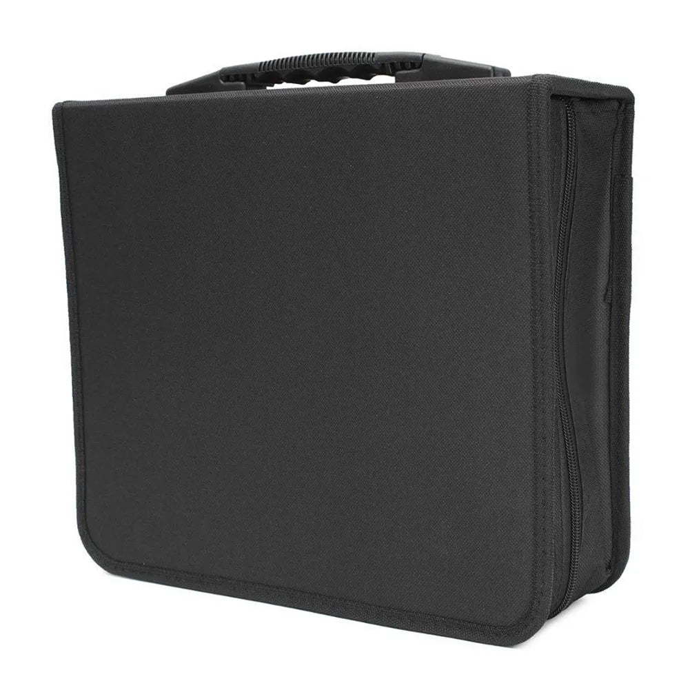 Black Oxford fabric CD DVD storage wallet with top hand strap and zip closure.